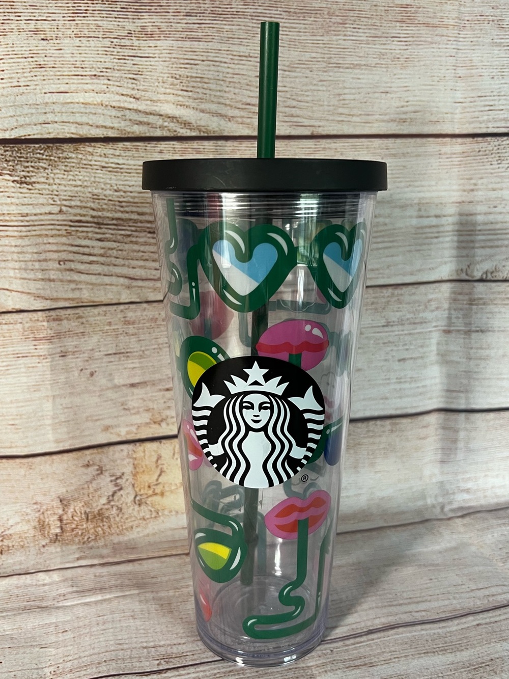 Starbucks 24 oz Venti cup tumbler-2014  "Crazy Straw Lips Heart Sunglasses"
